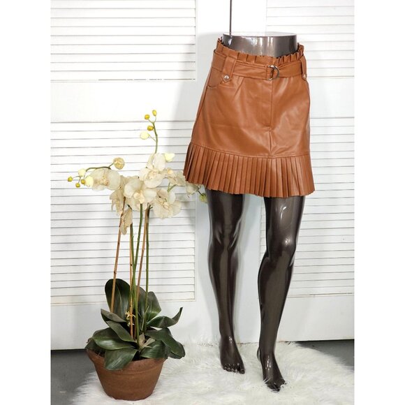 NWT Fame/Ekim 31 Women's Brown Faux Leather Ruffle Skirt with Belt Size M 1837 - Picture 2 of 11